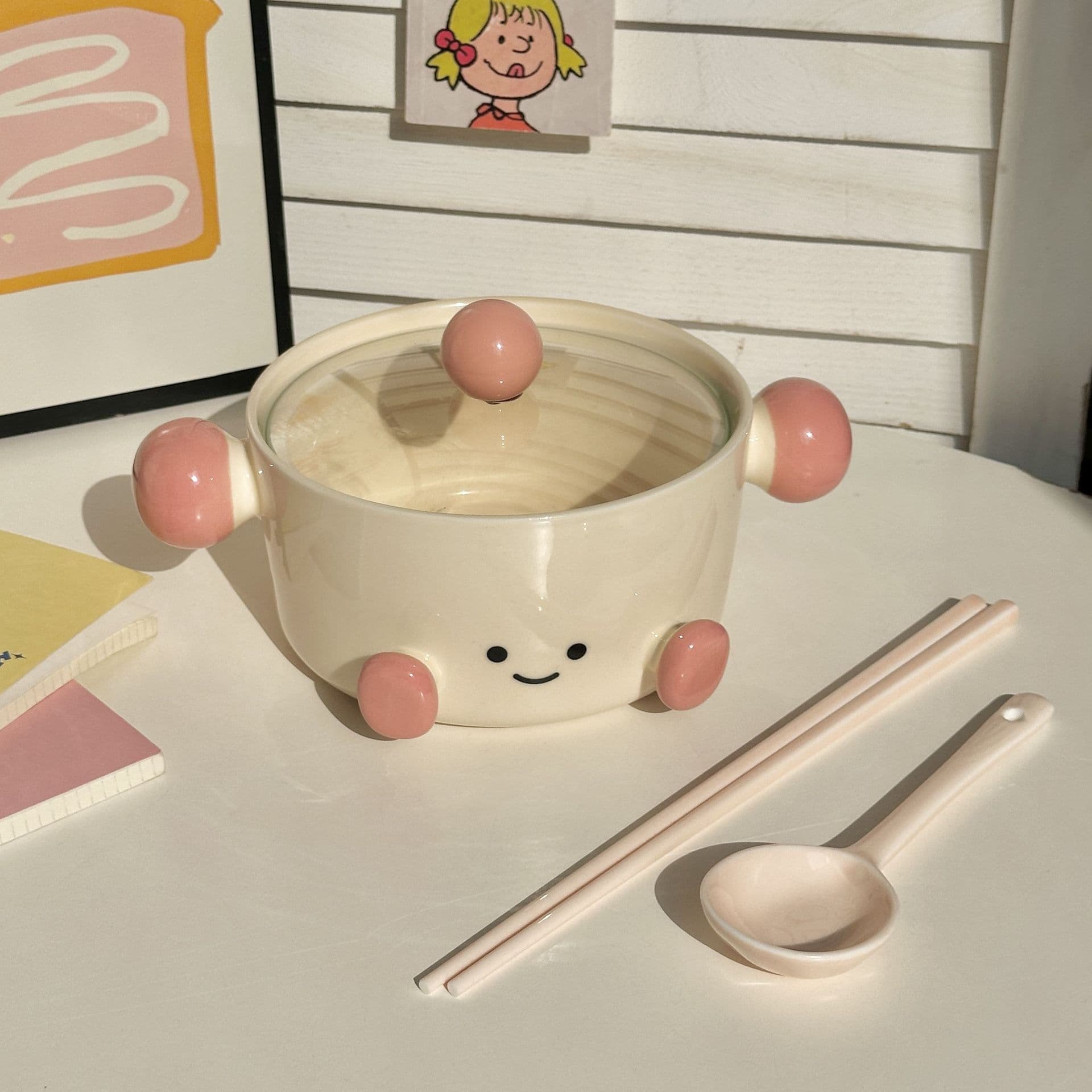 Cute Footprint Noodle Bowl Large Capacity Student Dormitory Dual-Ear Snail Noodle Bowl Ceramic Tableware Personal Rice Serving