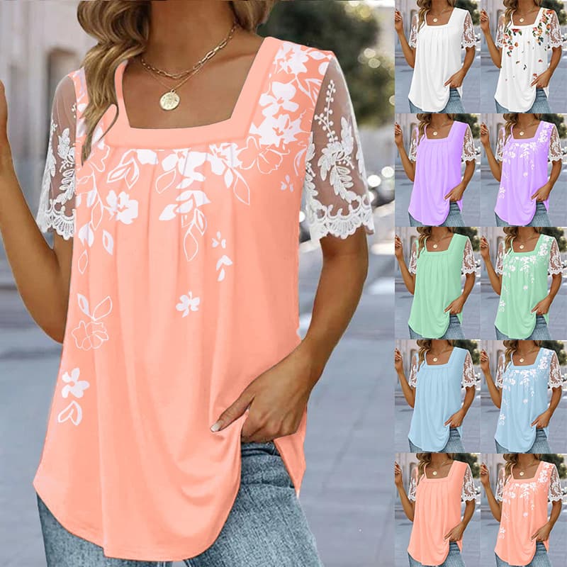 2024 New wish Amazon Popular European and American CloThing PleaTed Square Collar PrinTed SwallowTail Lace T-shirT ExporT Women