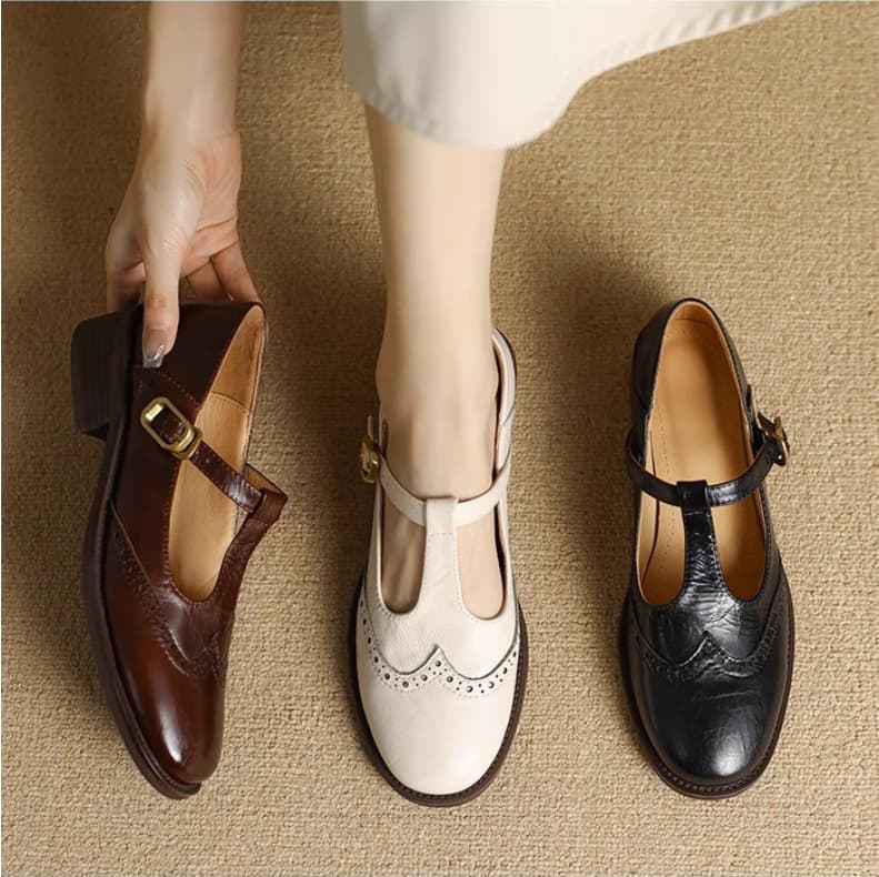 In Stock 2025 Mary Jane Leather Shoes for Women, Soft Leather Vintage Brogue Women's Shoes, British Style Loafers with Chunky Heel