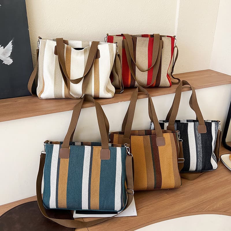 Large Bag Women 2025 New Fashion Striped Canvas Bag Commuter Handheld Tote Bag Trendy Shoulder Crossbody Mom Bag