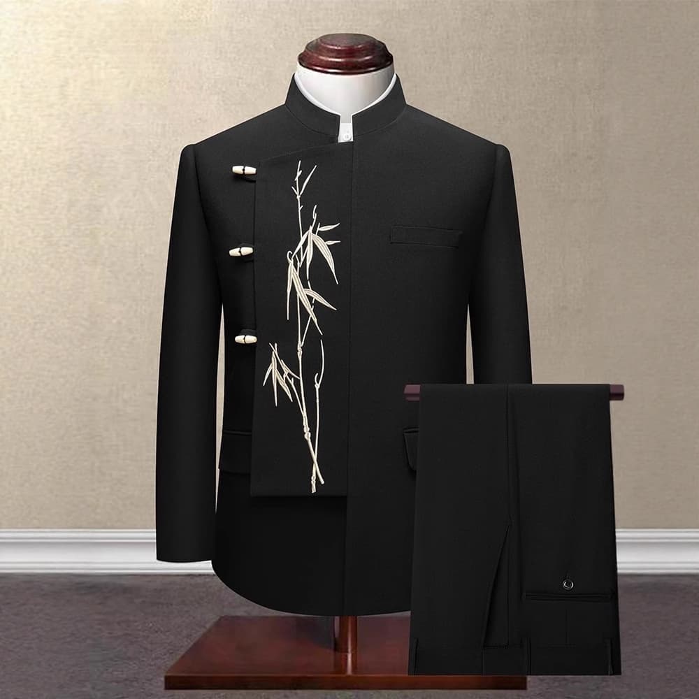 New Chinese-style Zhongshan suit for men, irregular Chinese-style wedding dress, engagement groom stand-up collar gold bamboo embroidery suit