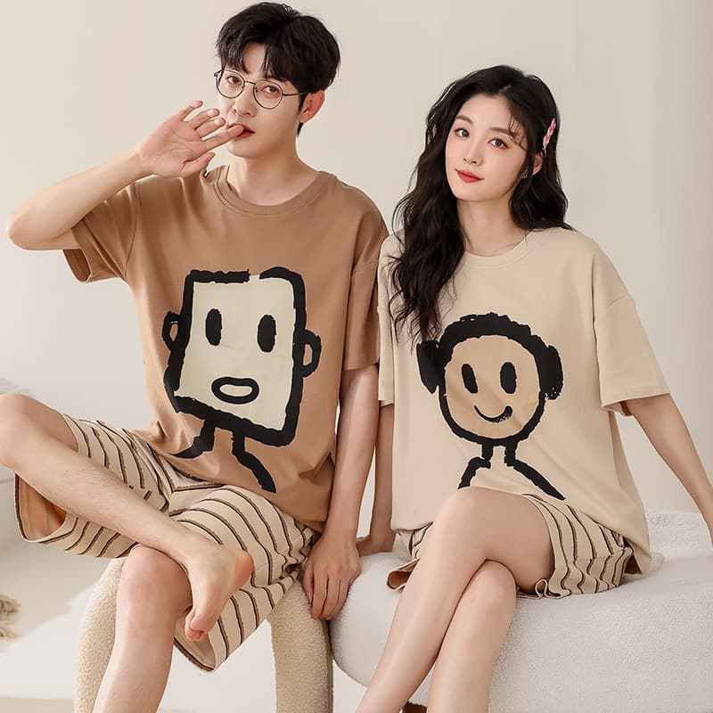 Couple Pajamas Women's Summer Pure Cotton Short-sleeved Shorts Cute Cartoon Men's Pullover Home Clothes Two-piece Suit Thin