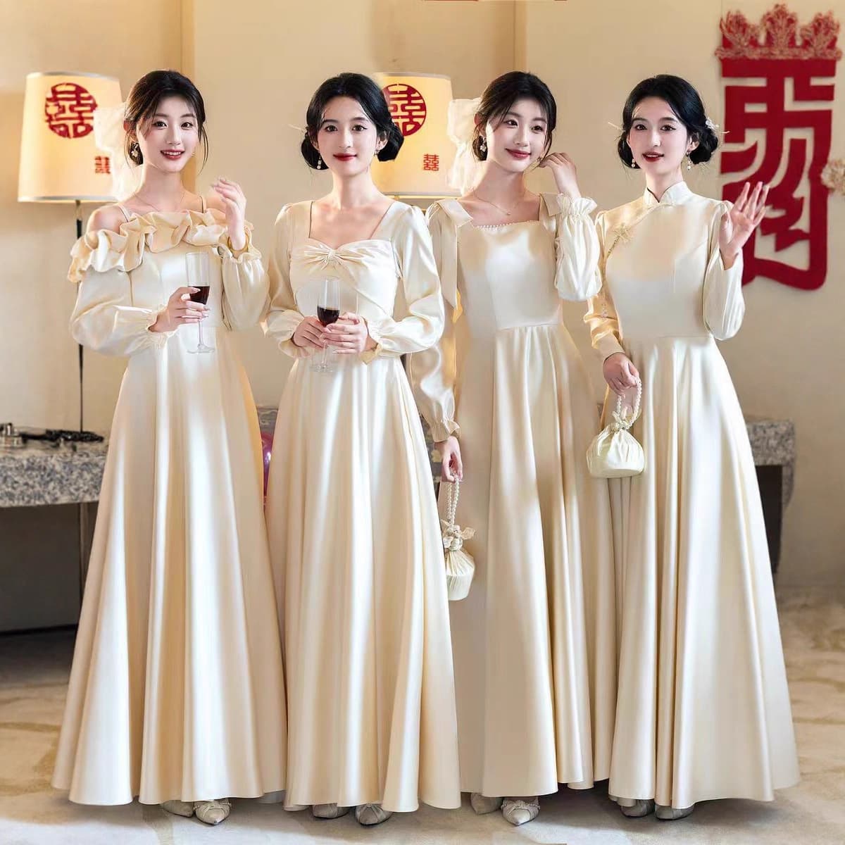Bridesmaid Dress 2025 New Autumn Winter Long Sleeve Satin Bridesmaid Dress for Sister Group High-End Niche Style Dress Wearable Daily