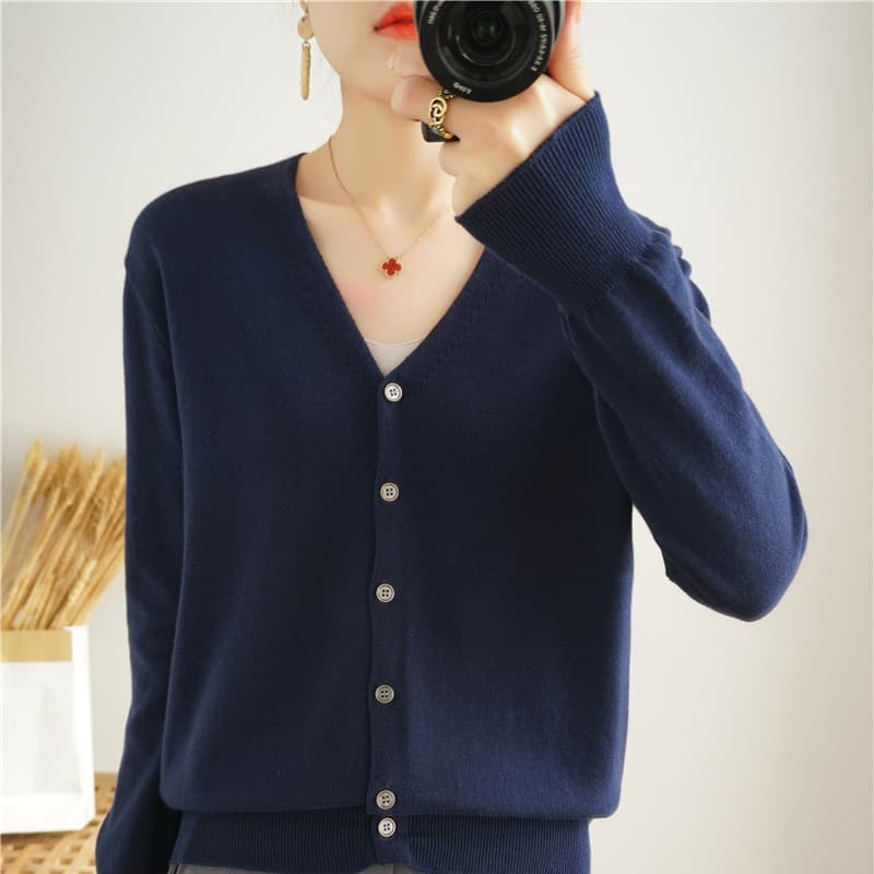 Women's Cotton Knit Cardigan Spring Autumn V-Neck Loose Versatile Sweater Top Candy Color Thin Short Style Jacket
