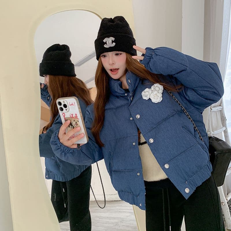 Jennie's Denim Blue Cotton-padded Jacket, Women's Winter Short Stand Collar Coat, Padded Jacket