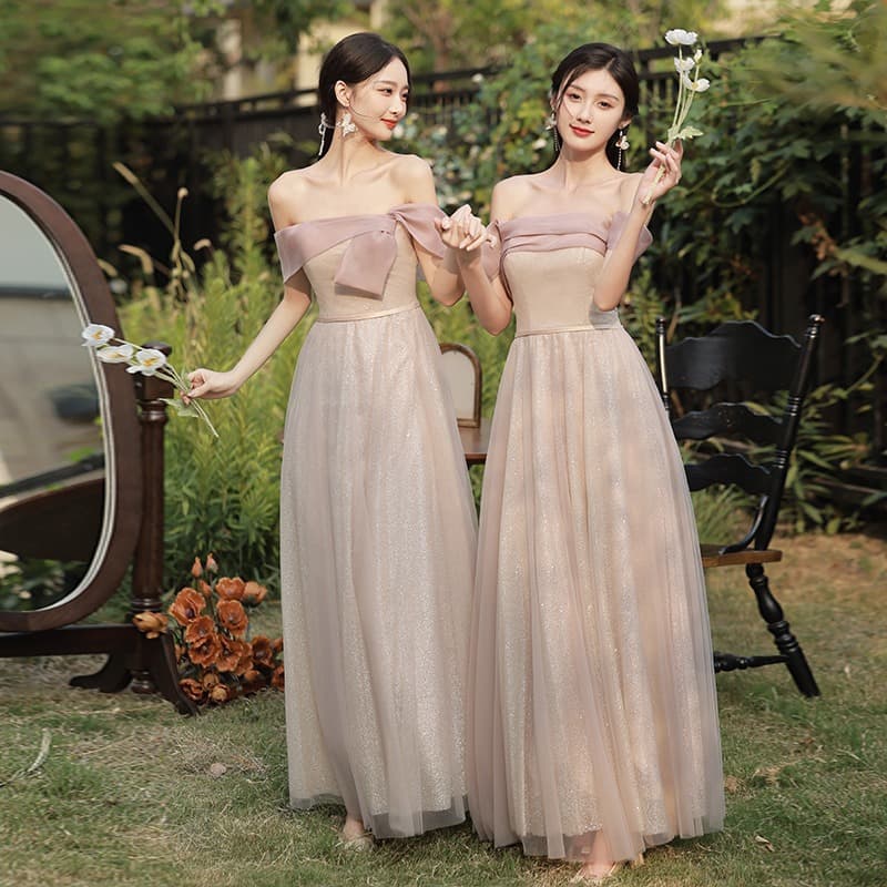 Bridesmaid dress 2026 new summer and autumn high-end niche sisters dress slimming temperament fairy one-shoulder evening dress for women