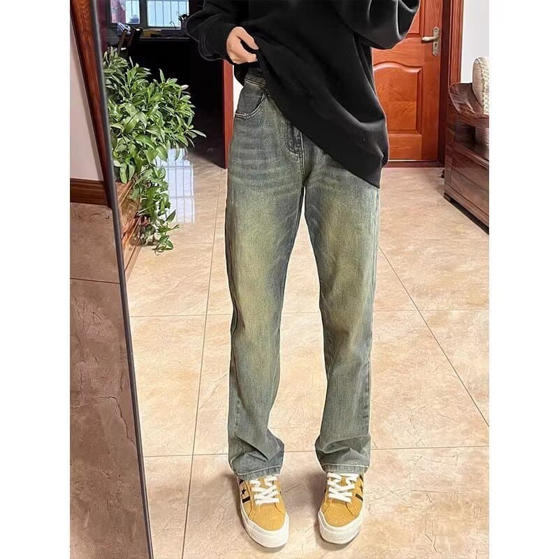 26 American High Street Straight Retro Blue Jeans, Unisex Loose Mid-High Waist Casual Bootcut Long Pants