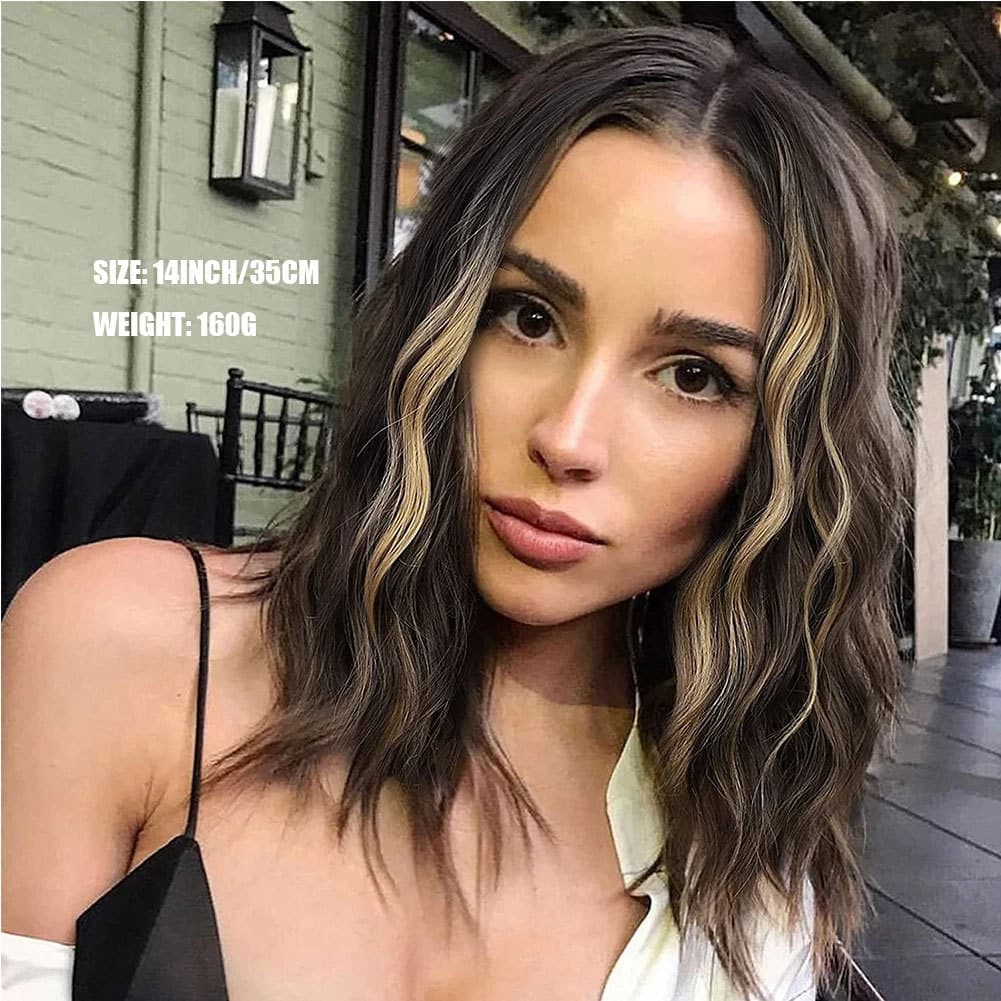 Short Blonde Lace Front Wig for Women Brown Mixed Blonde Highlights Color 14 Inch Shoulder Length Wavy