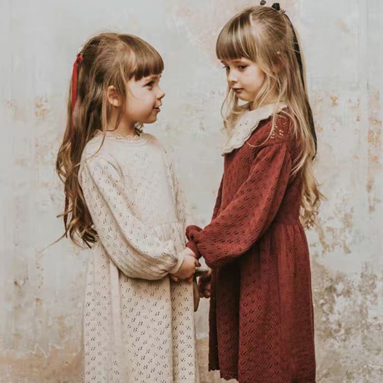 New Pure Cotton Girls Dress Children Hollow Out Princess Skirt Bebe Autumn Winter Baby Long Sleeve Jumpsuit Casual Daily Skirt