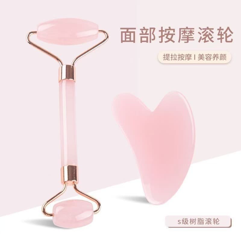Rose Quartz Roller Massager Set, Non-Jade Dual-Head Massage Bar for Face and Facial Beauty Board, Dual-Head Manual Stick