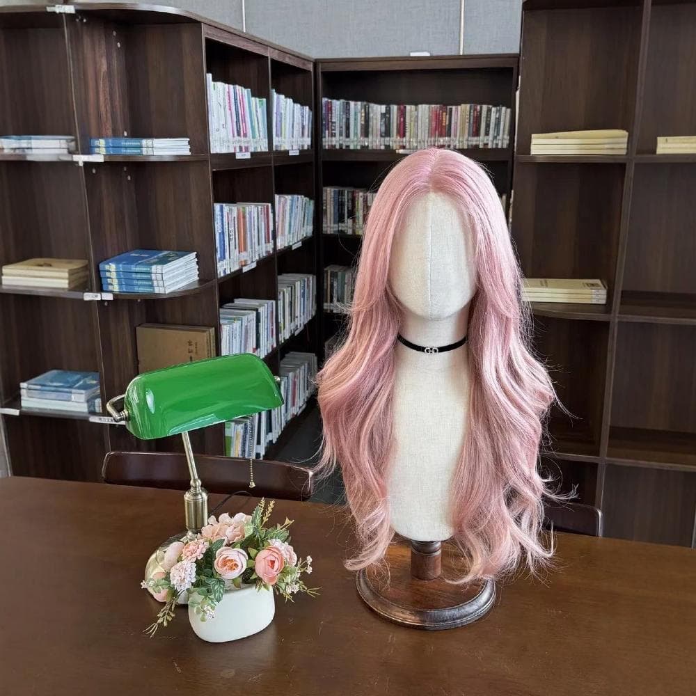 Lace Front Wig for Women Long Natural Full Wig Middle Part Rose Pink Long Curly Hair Imitation Real Hair