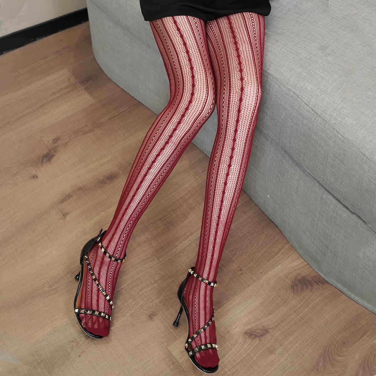 Spring/Autumn Striped Dark Red Y2K Slim Fit Pantyhose Retro Dark Pattern Sexy Versatile Thin Tights 6196