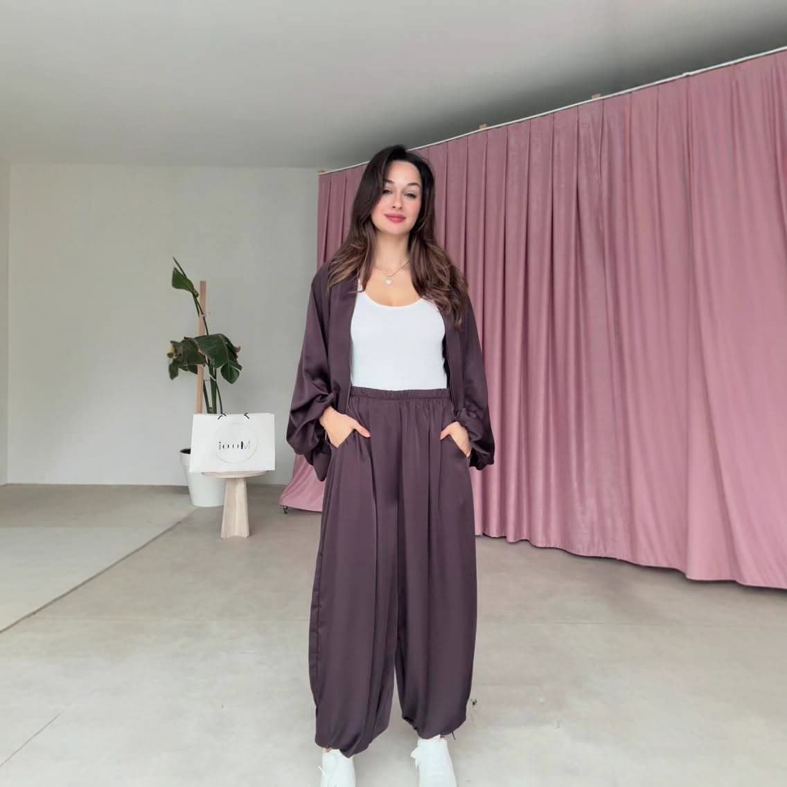 2025 Cross-border European and American Commuter Fashion Women's Batwing Long Sleeve Zip-up Jacket and Casual Pants Set