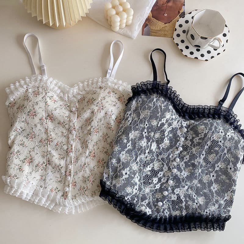 Pearl Button Embroidered French Lace Bustier Camisole, Elegant and Pure Sexy Girl Inner Wear Outer Wear Embroidered Backless Top for Women