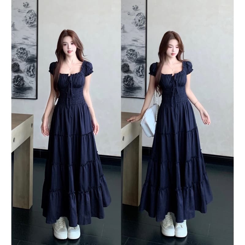 Plus size fat mm summer new style wrinkled dress slimming square collar French temperament long dress large hem skirt