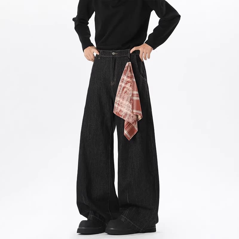 Curved Knife Baggy Jeans for Men Vintage Loose Fit Relaxed Silhouette Washed Wide Leg Long Pants In Stock Live Sample