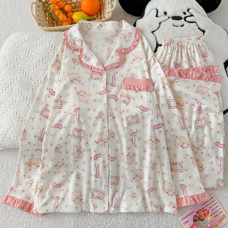 Women's Cotton-Like Pajamas, Lace Long Sleeve and Long Pants, Wearable Outside, Cartoon Cat Sweet Style Homewear