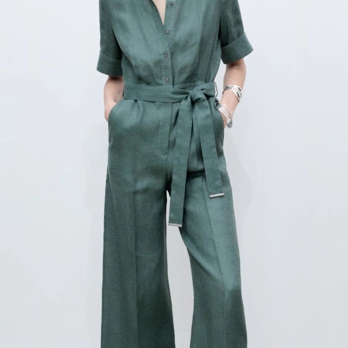Petite Waist-Tie Casual Linen Wide-Leg Pants for Women Summer New European French Style Green Linen Jumpsuit