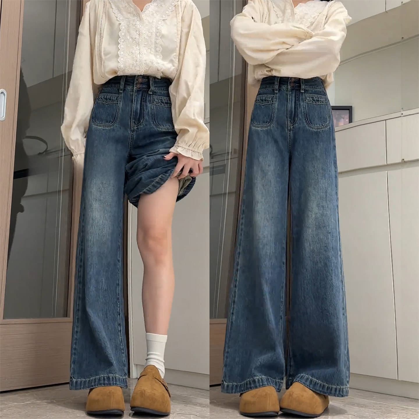 Vintage Blue Wide-Leg Jeans for Women Spring New Plus Size Pear Shape High Waist Hip-Hiding Slim Straight