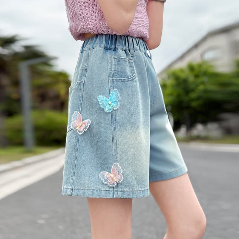 Children's Girls Summer Denim Shorts 2026 New Style for Older Girls, Side Butterfly Denim Shorts for Outdoor Wear