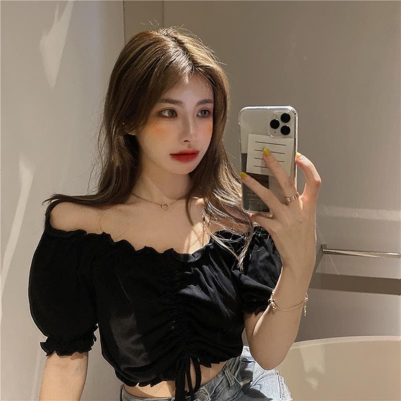 [10K Favorites] Sexy Puff Sleeve Off-Shoulder Drawstring Top Women's Summer Short Crop Tee New
