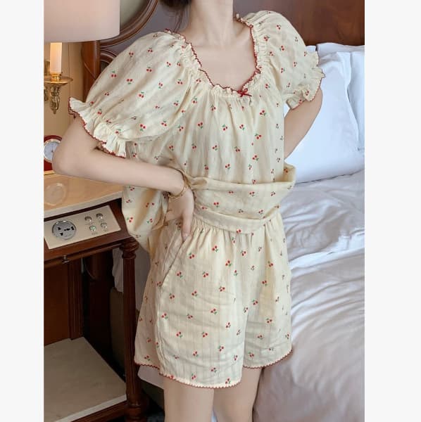 ins Korean New Soft Cotton Small Cherry Print Pajamas Women Short Sleeve Long Pants Lace Homewear / Nightgown