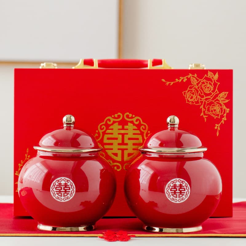 A Pair of Sugar Jars, Wedding Tea Cans, Ceramic Jars, Dowry Red Wedding Dowry Jujube Jars, Large Double Wedding Candy Jars