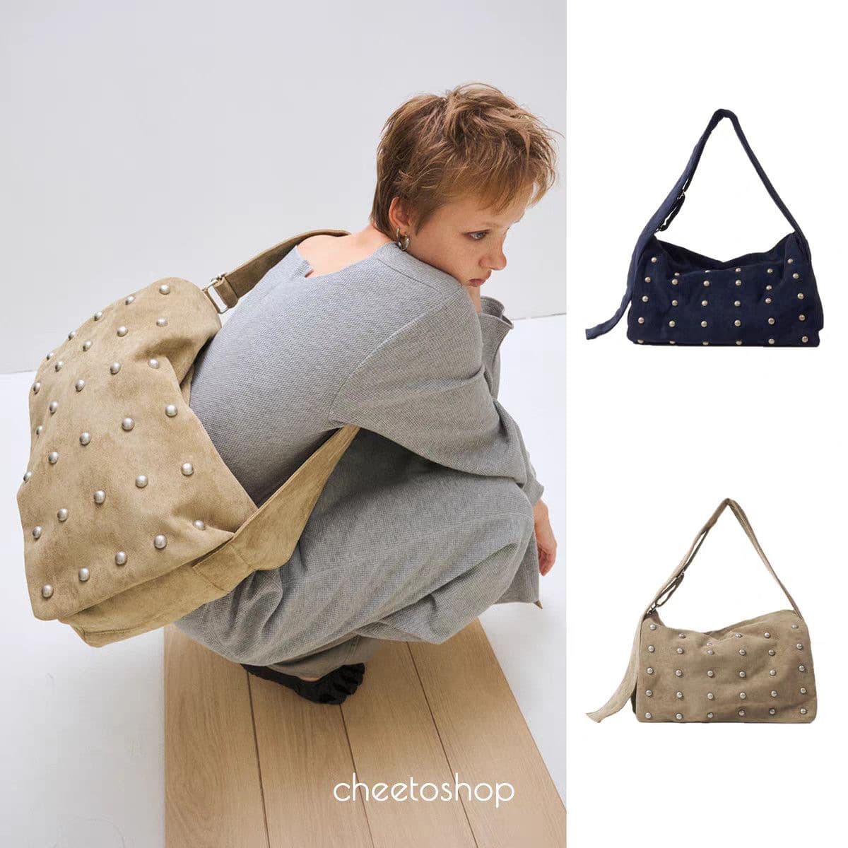 plzproject Korea's new 25 autumn and winter rivet-decorated wide-band large shoulder bag crossbody bag