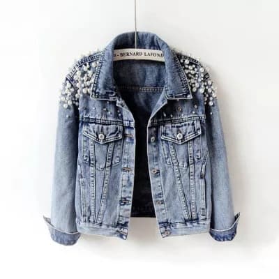 Korean-style short denim jacket with heavy rhinestone and stud embellishments, long sleeves