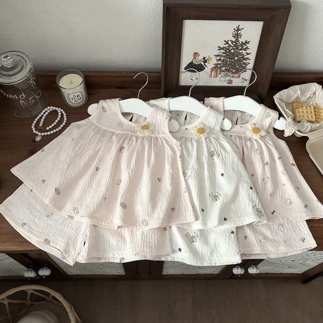 Girls forest floral two-piece summer thin baby girl vest dress set sweet little flower decoration children's clothing