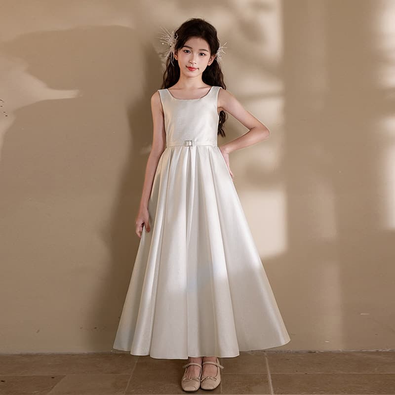 White Satin Dress for Girls, High-End Princess Performance Gown for Piano Recital, Hosting, Summer