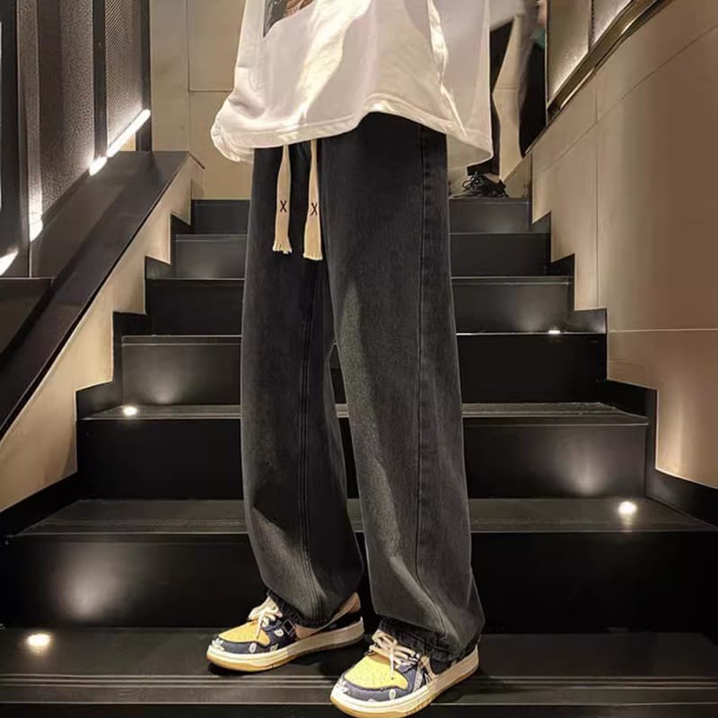 Vintage Straight Loose Wide-Leg Solid Color Jeans for Men American High Street Casual Long Pants
