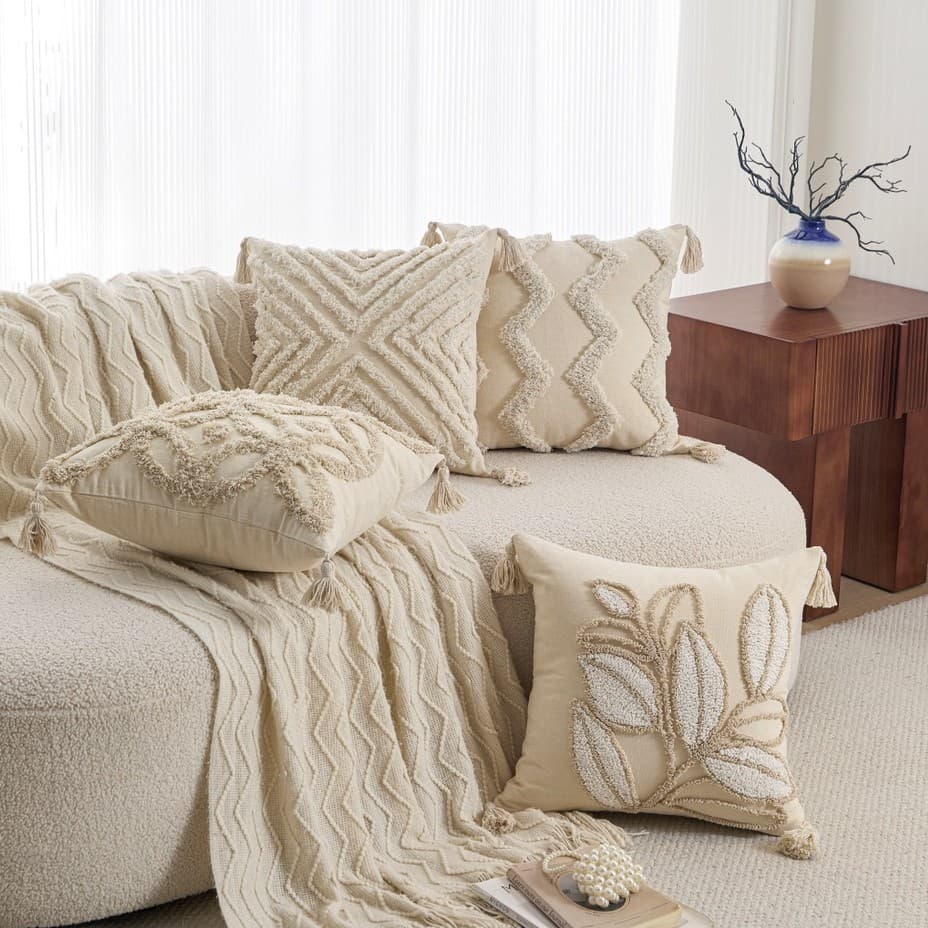 Cream Style Woven Tufted Throw Pillow Cover for Living Room Sofa Cushion with Tassel Embroidery Nordic Bed Headrest Pillow