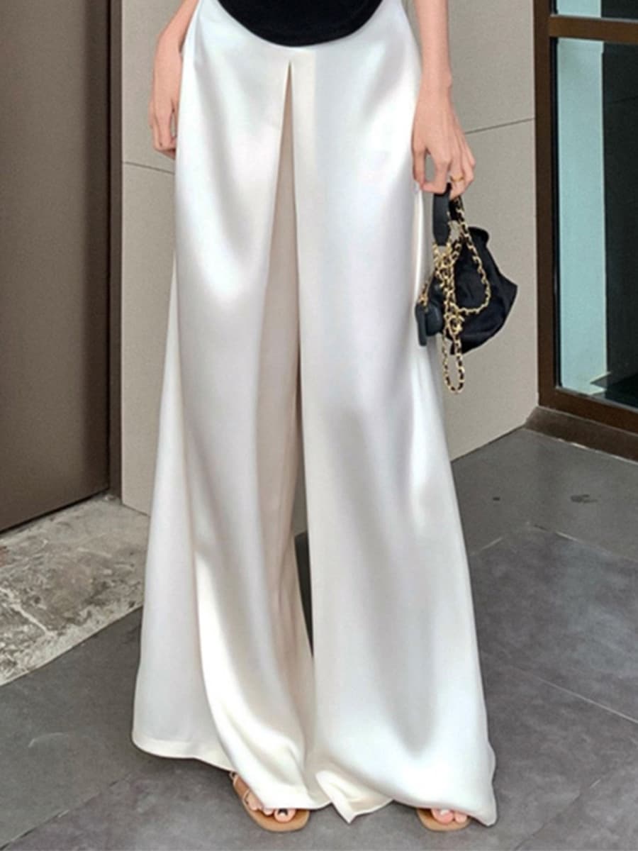 Fashionable Satin White Wide-Leg Pants for Women, Early Spring New High-Waist Straight-Leg, Elegant Flowing Floor-Length Trousers