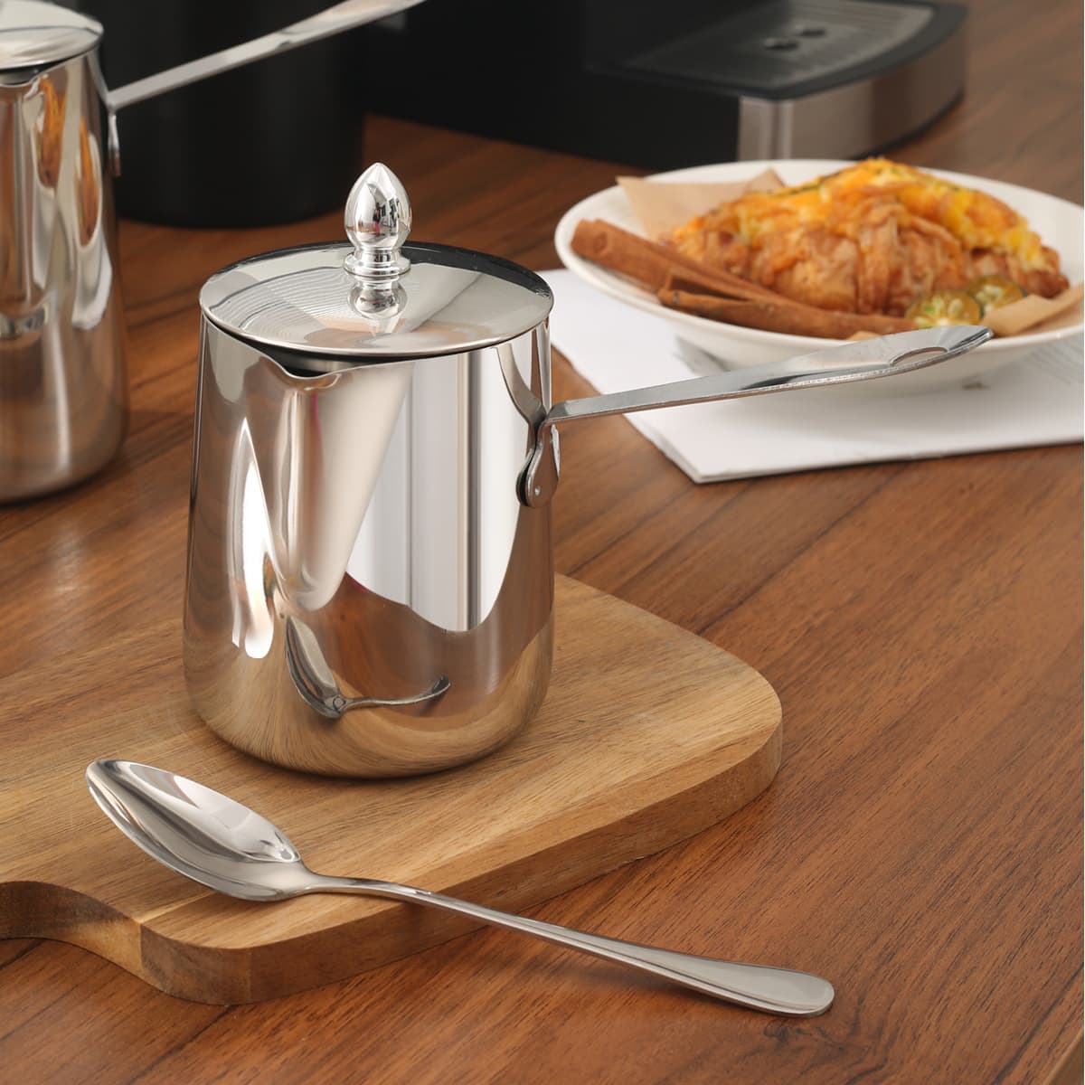 Stainless Steel Straight Coffee Cup Latte Art Pitcher Coffee Pot Moka Pot Pour Over Coffee Pot Milk Tea Cup with Lid and Spoon Set