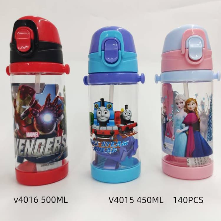 Kids Water Bottle Cute Cartoon Plastic Water Cup Straight Drink Water Bottle with Shoulder Strap for Boys and Girls Students