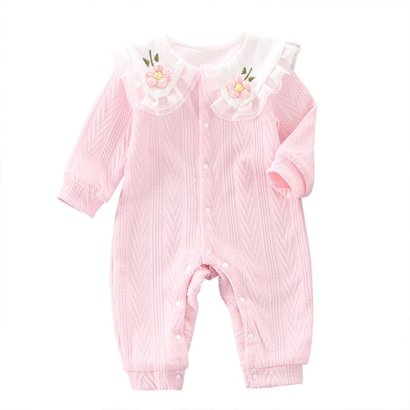 Spring and autumn baby fleece-lined jumpsuit newborn lapel small flower romper Western style baby girl sweet princess style romper