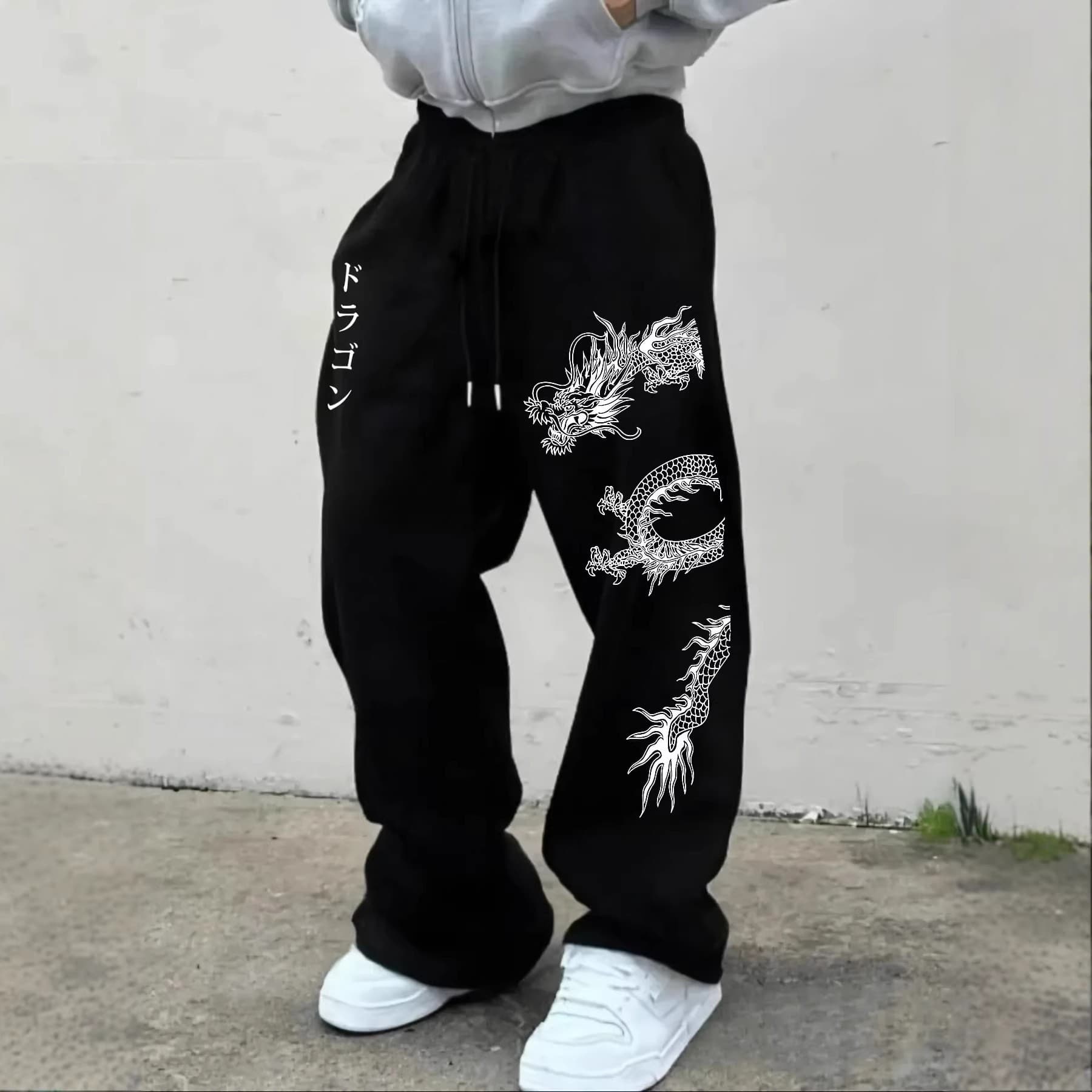 Cross-border New Arrival Y2K Dark Gothic Dragon Print Loose Slimming Unisex Drawstring Wide-Leg Sweatpants