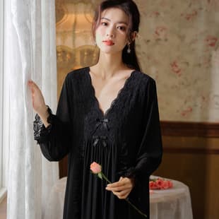 Long Sleeve Mesh Nightgown for Women Spring French Long Dress Lace Princess Sleepwear, Loose Plus Size, Wearable as Loungewear Autumn