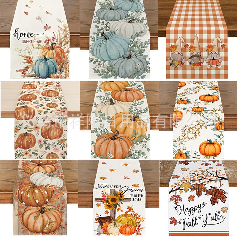Cross-Border Bestseller Thanksgiving Table Runner Autumn Pumpkin Maple Leaf Kitchen Dining Party Decor Linen Tablecloth