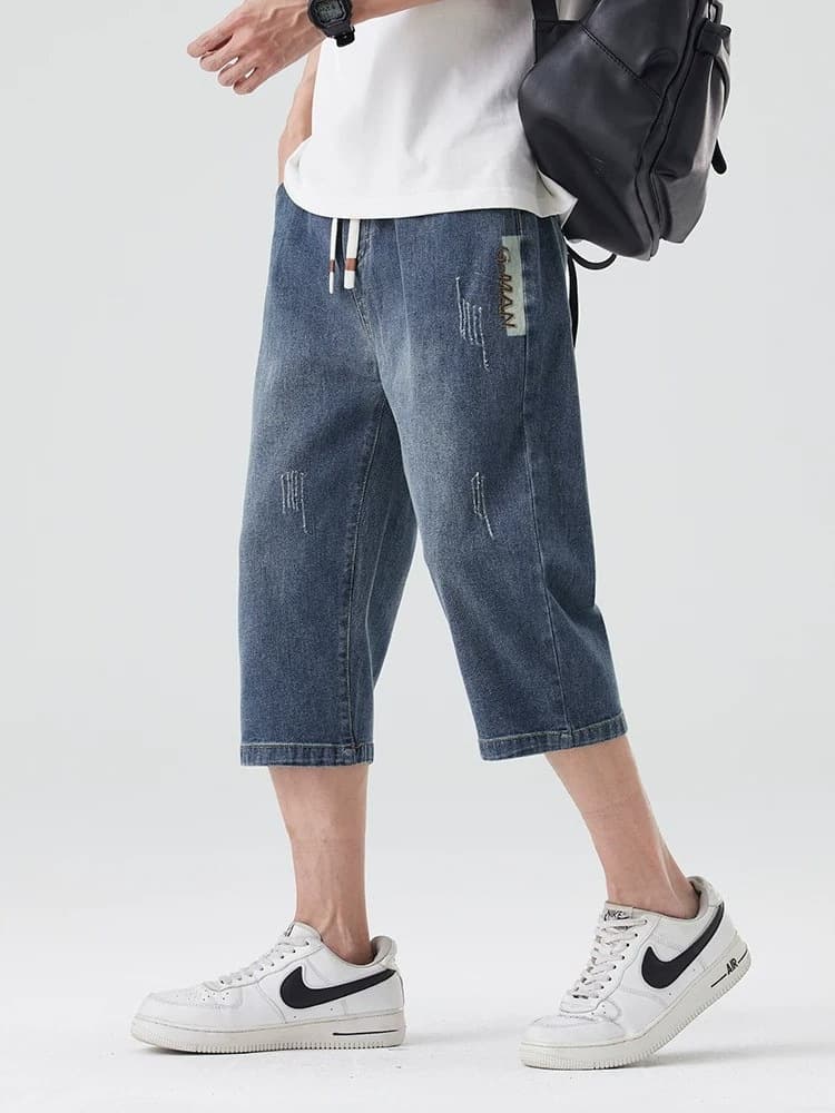 Summer Lightweight Denim Jeans for Men, 7/8 Length Pants, American Retro Comfortable Casual Shorts, Elastic Waist Straight Leg Mid-Length Pants