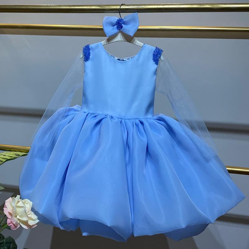 New Blue Satin Birthday Party Princess Dress for 1-Year-Old Baby Girl - Wholesale