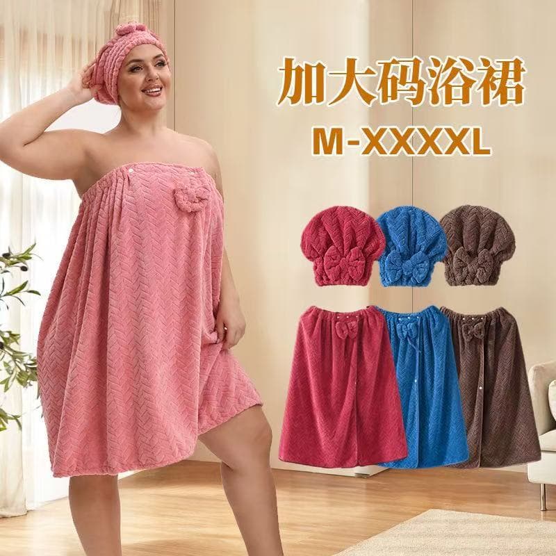 Plus Size Bath Wrap Dress for Women, Absorbent Bathrobe with Towel and Cap Set for Shower, Export Quality