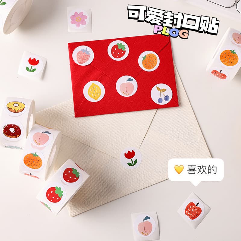 Fruit DIY round Seal Stickers Cute Roll Adhesive Decorative Paper Children Reward Sticker Lovely Flower Sticker Notebook Decoration