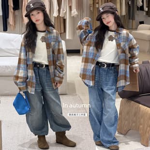 Girls' Fall Plaid Shirt: Loose Long-Sleeve Top, Lightweight Jacket for Kids, Cross-Border Style