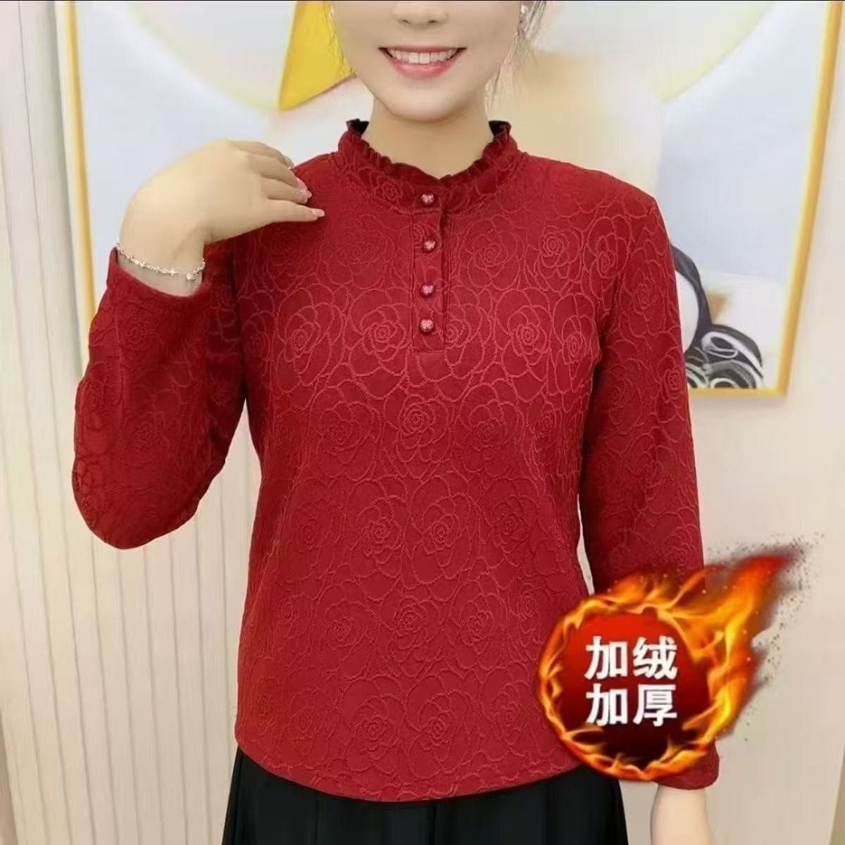 Mature Mother Winter Fleece Lined Thick Warm Elastic Base Layer Middle-Aged & Elderly Jacquard Women's Clothing Extra Large Size Half High Neck
