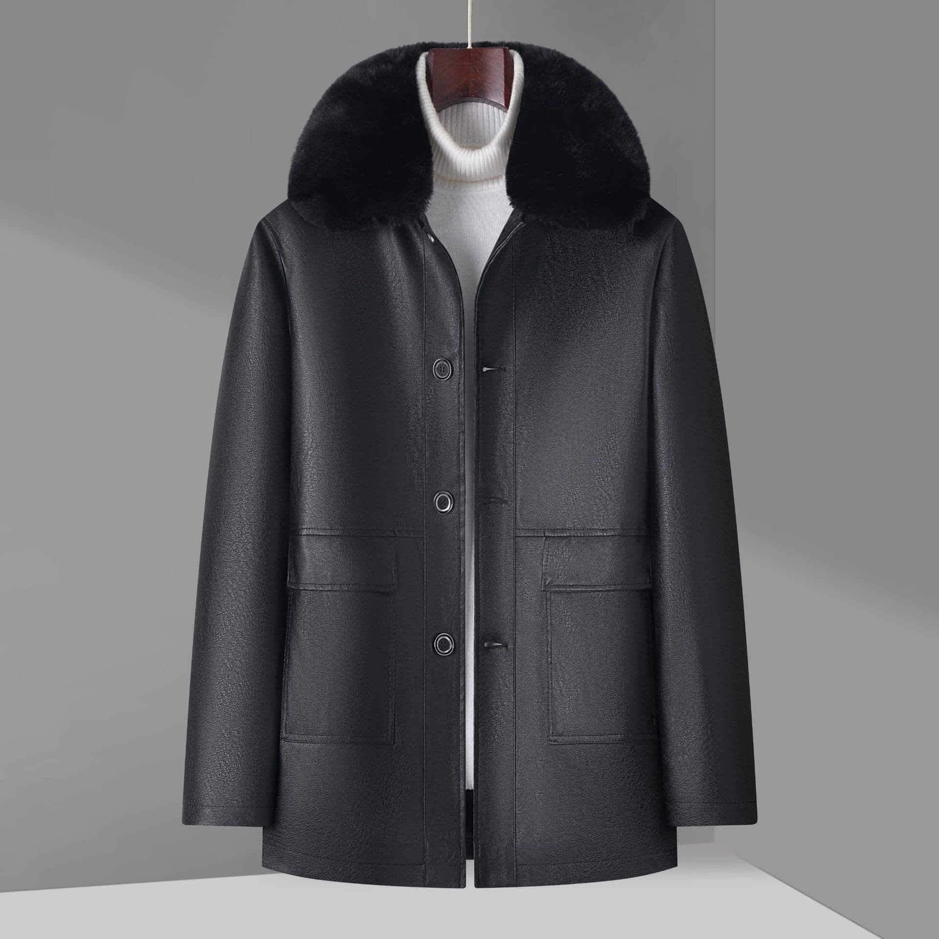 Men's leather jacket for middle-aged and elderly fathers, mid-length, made of leather and fur, new autumn and winter style, PU fleece-lined and thickened with a lapel.