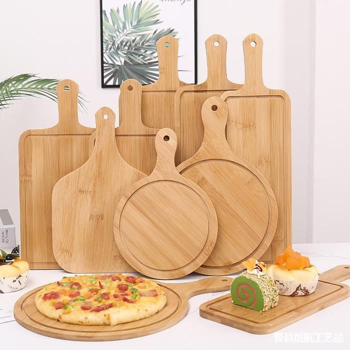 Bamboo Wood Pizza Board Wooden Tray for Western Bread, Cake, Steak, Pizza, Sushi, Round Base