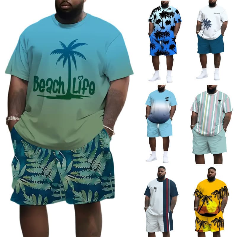 Amazon cross-border European and American fashion T-shirt shorts suit coconut tree 3D digital printing casual beach shorts suit