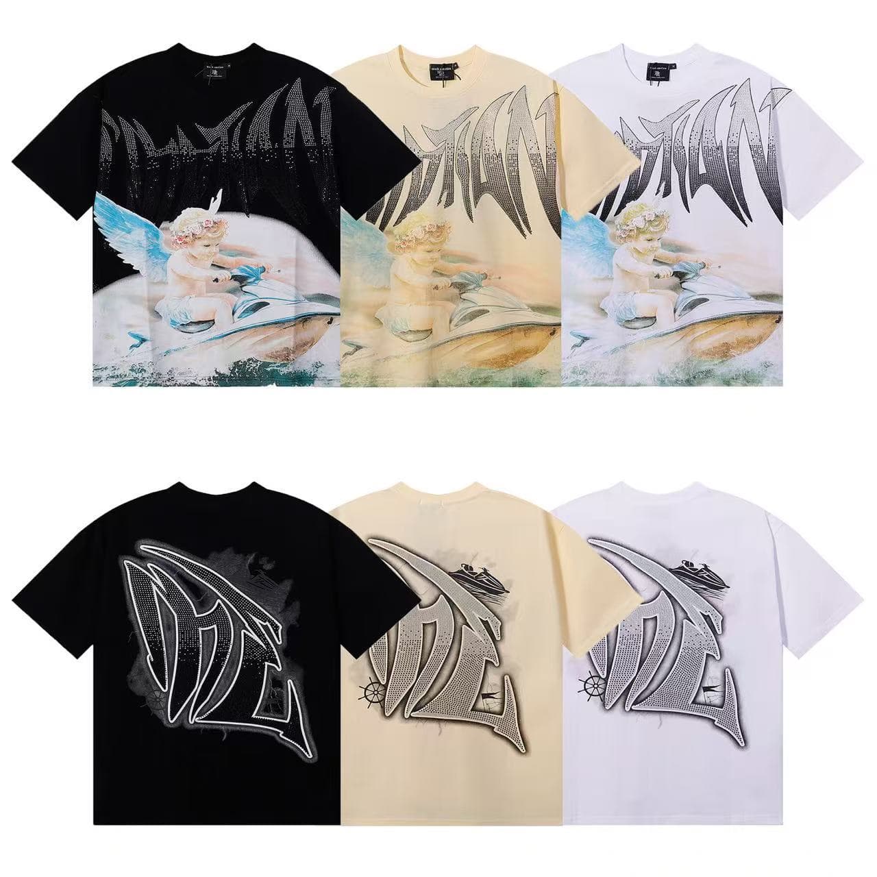 MIXED EMOTION American Streetwear Angel High Street Rhinestone Retro Loose Short Sleeve Printed Unisex T-Shirt